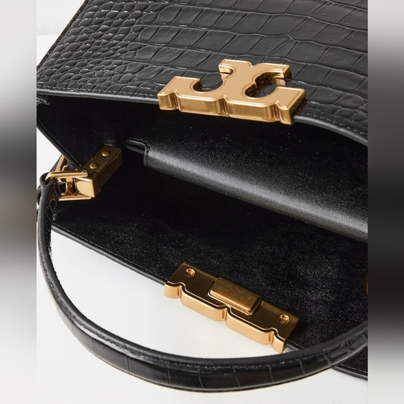 NWT TORY BURCH ELEANOR CROC EMBOSSED LEATHER SATCHEL BAG BLACK - Picture 3 of 11